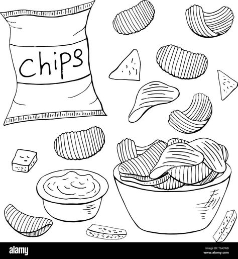 Download this stock vector: Outline chips collection on white background. Vector different chips elements - T9A3WB from Alamy's library of millions of high resolution stock photos, illustrations and vectors. Bag Of Chips Tattoo, Potato Chip Drawing, Potato Chip Tattoo, Eating Chips Drawing, Chip Bag Drawing, Chips Drawing Easy, Bag Of Chips Drawing, Chips Doodle, Chips Tattoo