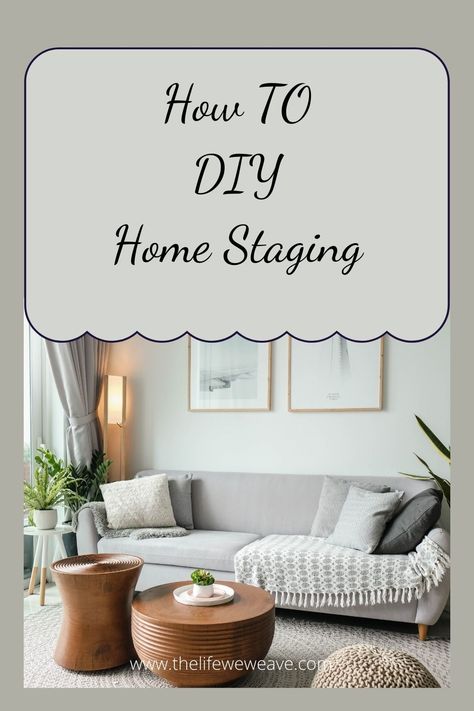 how to diy home staging. grey couch with throw pillows on corners 2 light wood tables in front of couch Office Staging Ideas, Staging A House To Sell On A Budget, Soft Staging Empty House, Staging A House To Sell Before And After, Home Staging Before And After, Living Room Staging Ideas, Apartment Staging, Couch Alternatives, Diy Home Staging