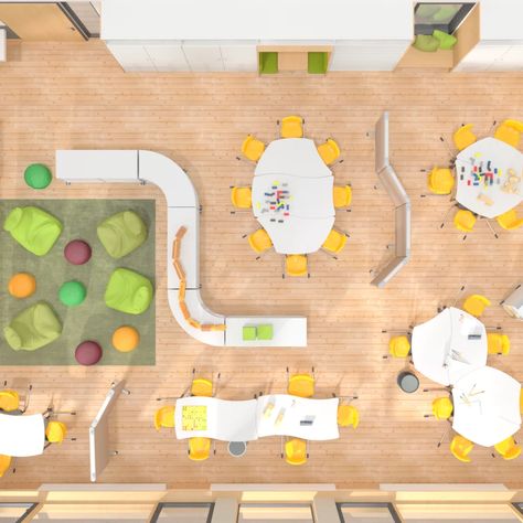 Inspiration Modern Elementary School, Student Activity Center Design, Calming Room Ideas School, Classroom Plan Architecture, Whiteboard Classroom, Multigrade Classroom Floor Plan, Kindergarten Design Plan Concept, Kindergarten Layout Architecture, Collaborative Learning Spaces