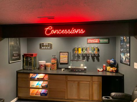 Rustic Movie Theater Room, Movie Bar Ideas, Home Movie Theater Snack Bar, Home Concession Stand, Movie Room Snack Bar Ideas, Closet Bar Ideas, Snack Bar Ideas Home, Diy Movie Theater Room, Movie Theater Basement