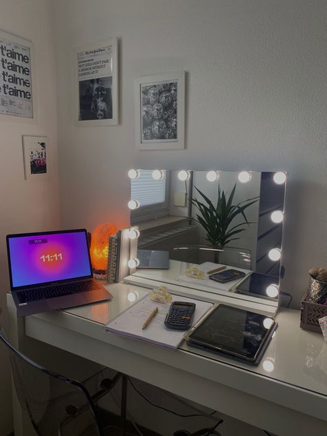 Study inspo Malm Desk Setup, Desk And Vanity Set Up, Gaming And Makeup Desk Setup, Vanity Study Table, Vanity Study Desk, Vanity Desk Combo, Vanity And Desk Combo Ideas, Desk Vanity Combo, Desk/vanity Combo