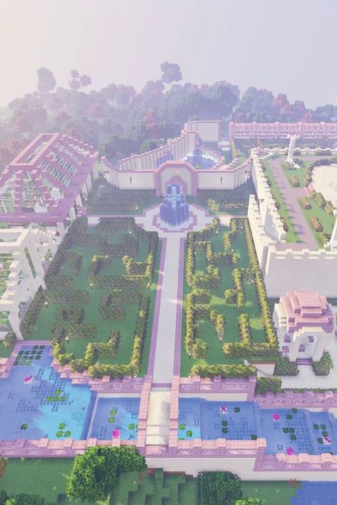 Minecraft Purple, Description Ideas, Building A Garden, Hedge Maze, Minecraft Kingdom, Minecraft Garden, Rumah Minecraft Sederhana, Fountain Pond, Minecraft Mansion