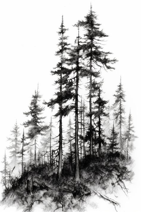 Dark Forest Tattoo Design, Dark Forest Drawing, Forest Tattoo Design, Trees Tattoo, Tree Silhouette Tattoo, Forest Sketch, Draw Music, See Tattoo, Forest Drawing