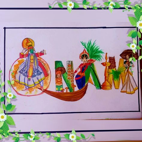 Onam Drawing, Creative School Project Ideas, Happy Onam, Poster Drawing, School Project, Color Pencil Drawing, Creative Drawing, Simple Doodles, School Projects