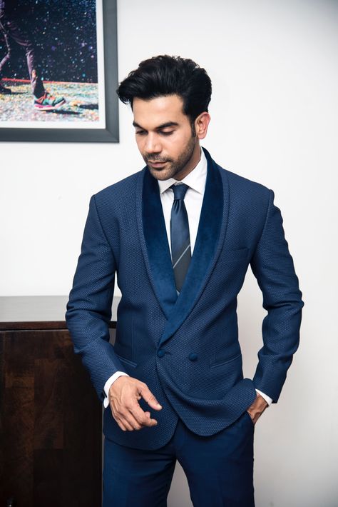 Rajkummar Rao adding a dynamic touch to the classics in a Blue Honeycomb Textured Dinner Jacket from SS HOMME - Sarah and Sandeep at Nick and Priyanka's Reception. #SSHOMME #SarahAndSandeep #Bespoke #Menswear #MensFashion #RajkummarRao #NickYanka #CelebCouples Rajkumar Rao, Engagement Dress For Groom, Indian Wedding Suits Men, Bollywood Men, Rajkummar Rao, Gents Shirts, Mr Perfect, Engagement Dress, Dinner Jacket