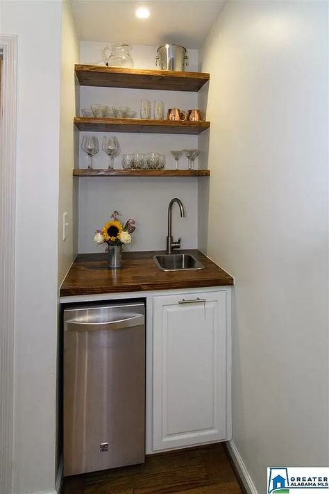 Basement Mini Bar With Sink, Wet Bar With Dishwasher, Wet Bar Ideas With Sink Small Spaces, Wet Bars With Sinks, Wet Bar Ideas Small Spaces, Small Wet Bar Ideas In Living Room With Sink, Small Coffee Bar With Sink, Attic Wet Bar, Wet Bar With Appliance Garage