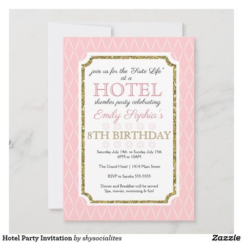 Hotel Party Invitation Hotel Slumber Party, Hotel Sleepover, Hotel Birthday, Hotel Birthday Parties, Birthday Sleepover Ideas, Sleepover Invitations, Girls Slumber Party, Birthday Room, Birthday Plans