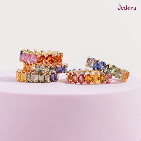 Get a crush on these candy color gemstones! Open up a world of sweets with color gemstone jewelry, your new essential accessory. Marquise Band, Rainbow Color, Band Ring, Sapphire Ring, Sapphire, Yellow Gold, Rainbow, Band, Gemstones