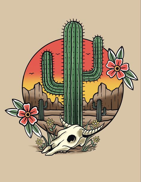 Traditional Cactus, Cactus Landscape, Tattoos Traditional, Cactus Tattoo, Western Tattoos, Traditional Tattoo Sleeve, Tattoos Geometric, Old School Tattoo Designs, Cowgirl Art