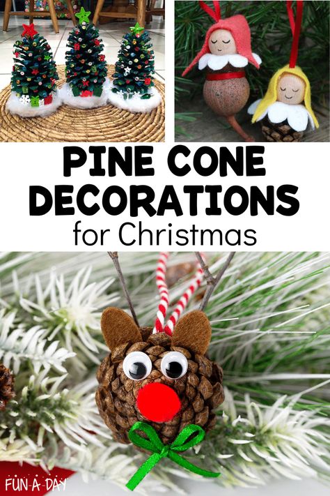 10 Pine Cone Christmas Crafts for Kids - Fun-A-Day! Pinecone Tree Ornaments, Pinecone Decorations Diy, Pine Cone Ornaments Diy, Pine Cone Christmas Crafts, Pine Cone Santa, Christmas Trees To Make, Acorn Christmas Ornaments, Christmas Activities For Preschoolers, Preschool Christmas Ornaments