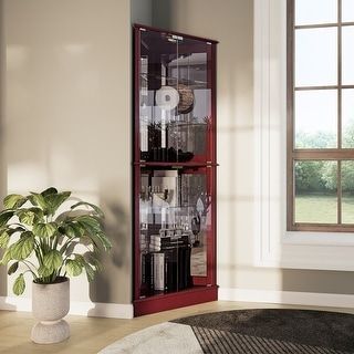 Corner Curio Cabinet, Corner Curio, Cabinet With Glass Doors, Glass Cabin, Cherry Brown, China Furniture, Magnetic Door, Door Catches, Glass Cabinets Display