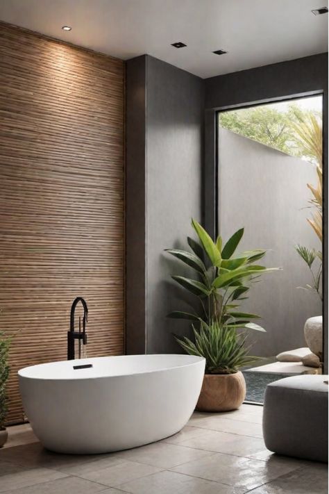 Natural elements in modern bathroom design with minimalist decor Spa Bathroom Tiles, Spa Neutral Bathroom, Spa Like Primary Bathroom, Neutral Spa Bathroom, Bathroom Bamboo Decor, Spa Feel Bathroom, Small Zen Bathroom, Four Seasons Bathroom, Modern Natural Bathroom