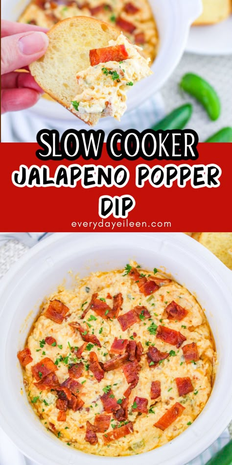 Enjoy an irresistible Slow Cooker Jalapeno Popper Dip. An easy recipe made with just a few simple ingredients. A creamy dip with a hint of spice and topped with bacon pieces to add in the flavors or a true jalapeno popper. A great dip for potlucks, family gatherings, tailgates, and Cinco de Mayo parties Bite Sized Appetizers, Jalapeno Popper Dip Recipe, Convenient Dinner, The Best Appetizers, Jalapeno Popper Dip, Crock Pot Dips, Popper Dip, Easy Dip, Bite Size Appetizers