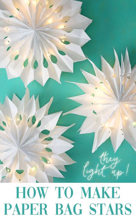 Paper Bag Stars, 3d Paper Star, Diy Christmas Star, Ward Christmas Party, Paper Bag Crafts, Snowflake Lights, Paper Christmas Decorations, Diy Light, Popular Crafts