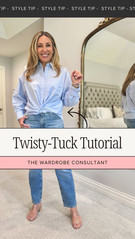 Hallie Abrams | 🔀 How to do the twisty tuck! There are so many ways to style an oversized shirt, but I think this is probably my favorite. It’s easy to do... | Instagram Twist Tuck Shirt, Shirt Tucking Hacks Women, How To Cross Tuck Button Down Shirt, Different Ways To Tuck A Button Up Shirt, Tucking In Oversized Button Up Shirt, Button Down Under Sweater Outfit, How To Tie An Oversized Shirt Knot, Cross Tuck Button Down Shirt, Styling An Oversized White Shirt