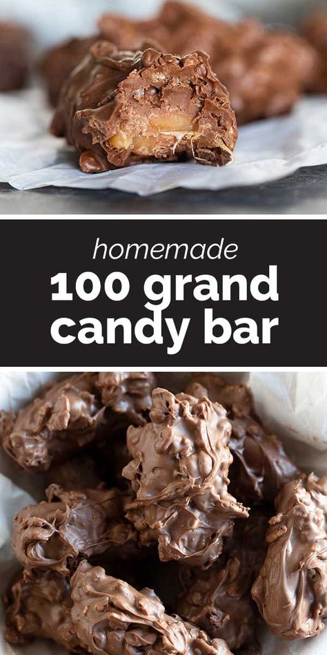 Caramel, chocolate, and crispy cereal make up these Homemade 100 Grand Candy Bars. These are so easy, you’ll want to keep all the ingredients on hand for when a craving hits! Crispy Chocolate Bars, Homemade Chunky Candy Bars, Copycat Candy Bar Recipes, Copycat Candy Bars, Zagnut Candy Recipe, Copycat Candy Recipes, Cereal Candy Recipes, Homemade Payday Candy Bars, Christmas Candies Homemade