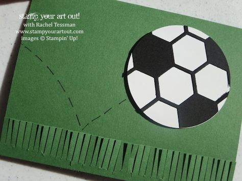 The Hexagon Hive Thinlit, the 2-1/2” Circle punch and the Fringe Scissors can make a fabulous soccer card! - Stampin’ Up!® - Stamp Your Art Out! www.stampyourartout.com Fringe Scissors, Hexagon Cards, Celebrate Everything, Soccer Cards, Soccer Birthday, Soccer Party, Boy Cards, Paper Crafts Card, Circle Punch