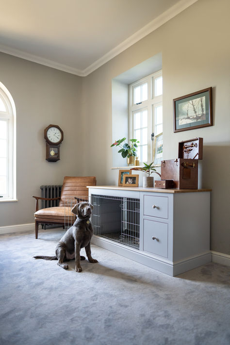 Cosy Dog Crate, Convert Furniture To Dog Crate, Pet Friendly Interior Design, Dog Crate Bench, Modern Dog Crate, Built In Dog Crate, Hidden Dog Crate, Diy Dog Crate Furniture, Dog Crate Ideas