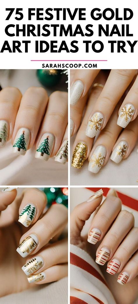 Dive into the festive spirit with these glamorous gold Christmas nail designs! Get inspired and add an extra sparkle to your holiday cheer. 🎄🌟💅#GoldChristmasNails #HolidayNailArt #nailinspo Gold Christmas Nails Designs, Christmas Nail Designs Gold, Silver And Gold Holiday Nails, Gold Holiday Nails Christmas, Golden Christmas Nails, Christmas Nails With Gold, Christmas Gold Nails, Gold Snowflake Nails, Gold Christmas Nail Designs