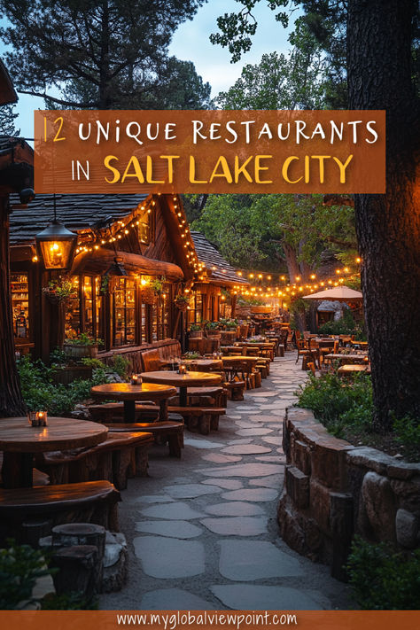 A rustic outdoor restaurant in Salt Lake City with glowing string lights, wooden tables, and a lush forest setting—an enchanting spot featured in a guide to unique restaurants. Salt Lake City Restaurants, Utah Salt Lake City, Mountain Lodges, Utah Trip, Salt Lake City Downtown, Restaurants To Try, Romantic Novels To Read, Outdoor Patios, Cool Restaurant