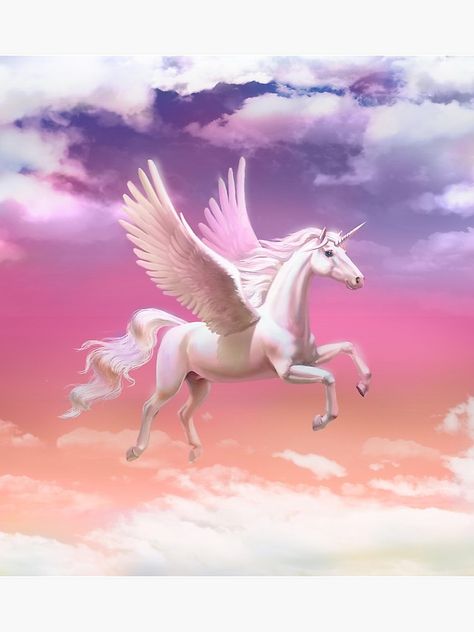 "Flying unicorn at sunset" Poster by Antracit | Redbubble Unicorn Picture, Unicorn Artwork, Flying Unicorn, Magical Horses, Unicorn Pictures, Fantasy Horses, Unicorn Illustration, Unicorn Wallpaper, Unicorn Colors