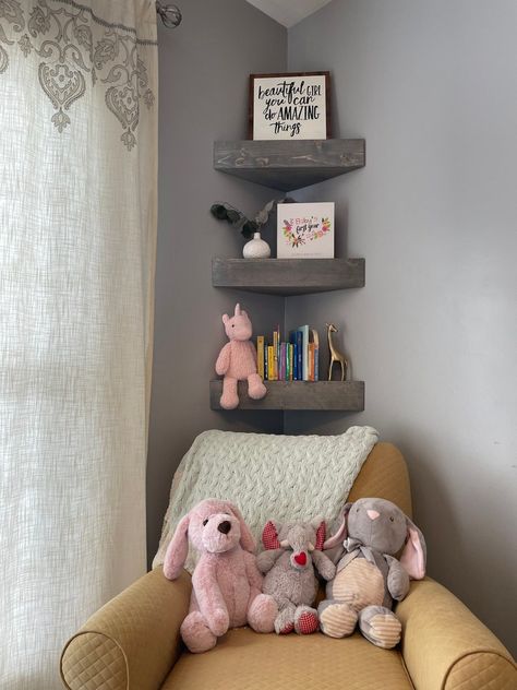 Floating Shelves Corner, Corner Nursery, Corner Floating Shelves, Shelves Nursery, Baby Room Shelves, Train Nursery, Shelves Corner, Ikea Nursery, Shelf Corner