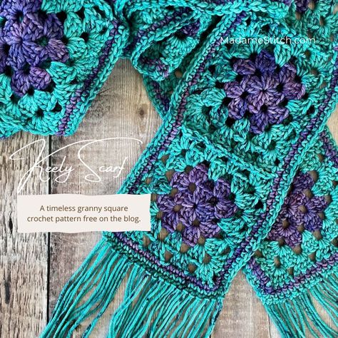 The perfect crochet granny square scarf pattern for beginners | MadameStitch Granny Sqare Scarf, Granny Square Scarves, Granny Square Scarf Crochet Pattern, Granny Square Scarf Crochet, Crochet Granny Scarf, Crochet Granny Square Scarf Pattern Free, Granny Square Crochet Scarf, Granny Square Scarf Pattern Free, Granny Square Ideas Projects