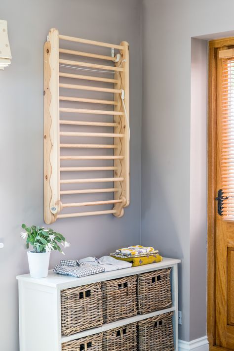 The Laundry Ladder clothes airer looks great on any wall when not in use! Wall Mounted Washing Line, Laundry Ladder, Indoor Clothes Drying Rack, Wall Mounted Clothes Dryer, Clothes Dryer Rack, Wall Mounted Clothes Drying Rack, Laundry Cupboard, Indoor Drying, Wall Mounted Drying Rack