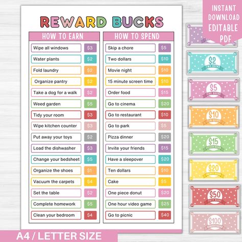 **Editable Kids Reward Chart: Instill Responsibility & Financial Savvy** Discover a fun and effective way to encourage responsibility and teach money management with our Editable Kids Reward Chart. This versatile template is the perfect tool to help children understand the value of hard work while turning chores into valuable life lessons. Whether it's tracking tasks, earning rewards, or fostering financial awareness, this editable template is your go-to solution. 🌟 **Key Features 🎯 **Customiz Monopoly Money Chore Chart Rewards, Kid Reward Ideas, Monopoly Money Chore Chart, Chores For Money Ideas, Allowance System For Kids, Chore Chart Rewards, Chore Reward System, Reward Chart Kids Behavior, Kids Allowance Chart