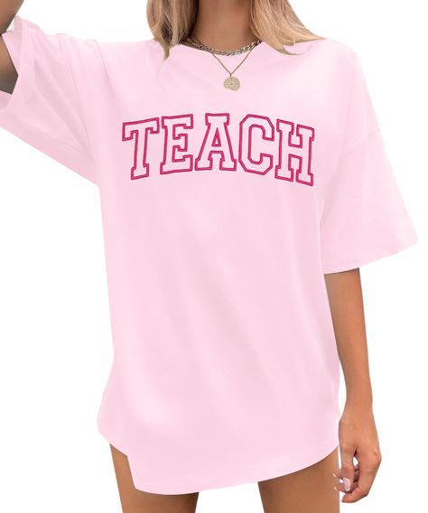 PRICES MAY VARY. Teach Shirt Oversized for Women Teacher Letter Printed T-Shirt Casual Embroidery Teacher Life Short Sleeve Tee Tops Material: Teacher Shirts for women is made of cotton blend. It is soft to the touch and not easy to fade, shrink, or deform. Breathable, lightweight, stretchy and skin-friendly materials. Occasion: Teacher t-shirt is very suitable for concert lovers and daily wear, such as, last day of school, office, field day, vacation, leisure, and home. The cute letter print sh Embroidery Teacher, Teacher Letter, Teach Shirt, Casual Embroidery, Fashion Cardigan, Letter To Teacher, Cousin Birthday, Trendy Leggings, Teacher Clothes