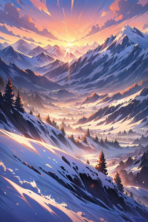 AI Digital Art Sunrise Anime, Snow Environment, Pictures Of Mountains, Environment References, Ice Mountain, Fantasy Background, Fantasy Worlds, Environment Art, Snowy Mountains