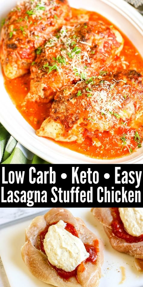 Stuffed Chicken Keto, Lasagna Stuffed Chicken, Chicken Bakes, Keto Entrees, Baked Stuffed Chicken, Cottage Meals, Low Carb Lasagna, Chicken Keto, Lunch Options