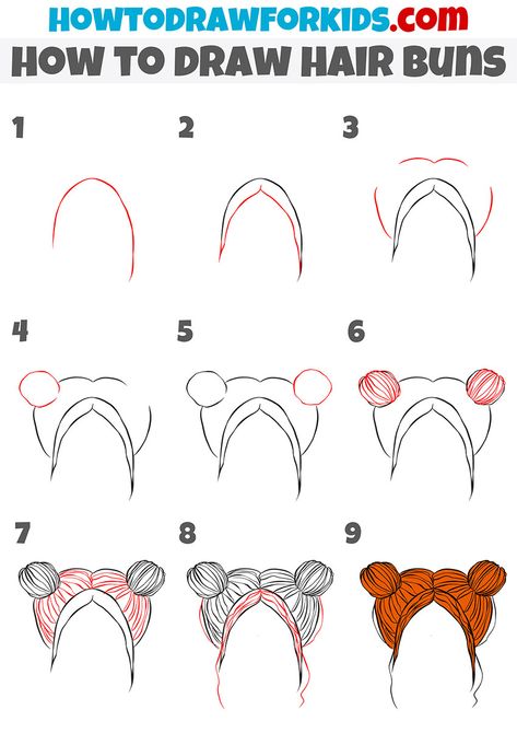 how to draw hair buns step by step Drawing Tutorial Hair Step By Step, Step By Step Hairstyles Drawings, Space Bun Drawing Tutorial, How To Make Hair Drawing Step By Step, Sketching Hair Step By Step, Anime Hair Drawing Step By Step, Drawing Ideas Easy Hair Step By Step, Cute Easy Hairstyles Drawings, Hair Buns Drawing Reference