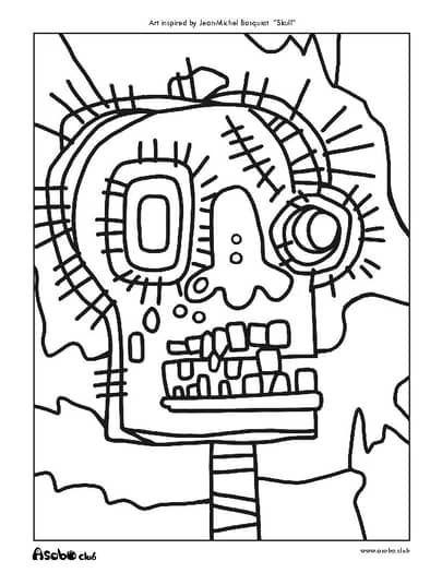 Coloring Sheet | Famous Artist | Jean-Michel Basquiat | Self portrait(Landscape) Jean Michel Basquiat Art Lesson For Kids, Basquiat Art Project For Kids, Basquiat Self Portrait, Basquiat Skull, Jean Michel Basquiat Art, Coloring Therapy, History Lesson Plans, Art History Lessons, Basquiat Art