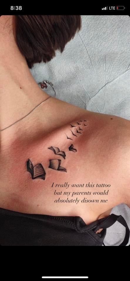 Book Tattoo Collar Bone, Book And Birds Tattoo, Book To Bird Tattoo, Book Worms Tattoo, Bird Book Tattoo, Book Lover Quotes Tattoo, Book Into Birds Tattoo, Reading Related Tattoos, Books To Birds Tattoo