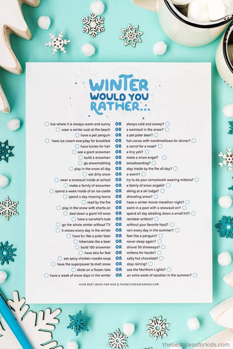 Would You Rather Winter Questions Virtual Snow Day Activities, Winter Break Camp Themes, Ice Breakers After Winter Break, Winter This Or That Questions, Indoor Winter Themed Games, Would You Rather Winter Questions, Winter Activities Middle School, Snow Day Activities For Teens, Winter Morning Meeting Activities