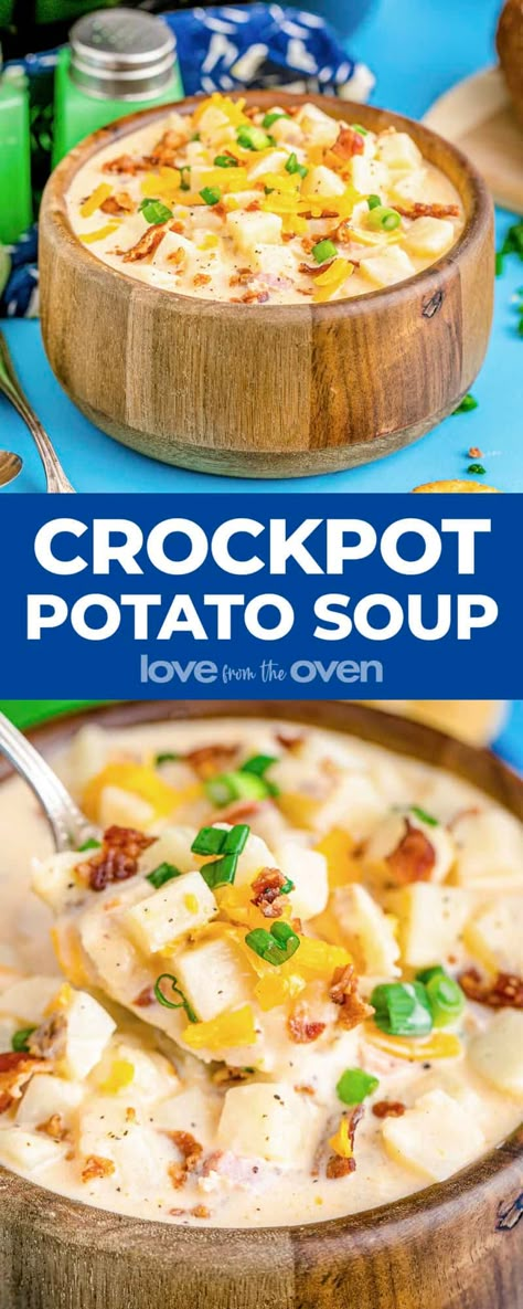 Crockpot Potato Soup (With Hash Browns) • Love From The Oven Potato Soup Without Bacon, Valentinas Corner, Hash Brown Soup, Soup Crock Pot Easy, Slow Cooker Garlic Parmesan Chicken, Garlic Parmesan Chicken And Potatoes, Hash Brown Potato Soup, Parmesan Chicken And Potatoes, Crock Pot Potato Soup