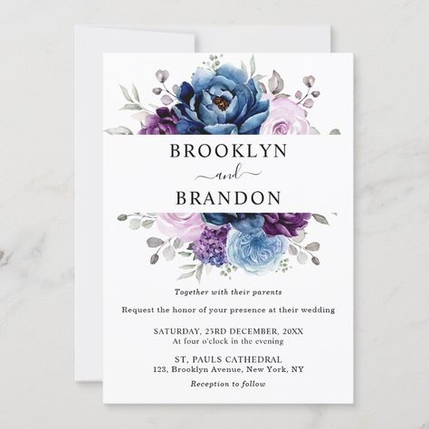 Dusty Blue Purple Navy Lilac Blooms Wedding Invitation Wildflower Greenery, Sage Wreath, Moody Botanical, Spring Wedding Invitations, Navy Wedding Invitations, Elegant Bouquet, Purple Wedding Invitations, Lilac Wedding, Dusty Blue Weddings