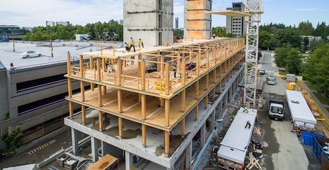 Building Connection Architecture, Industrial Exterior, Mass Timber, Startup Office, Timber Architecture, Wood Columns, Net Zero, Wood Building, Concrete Building