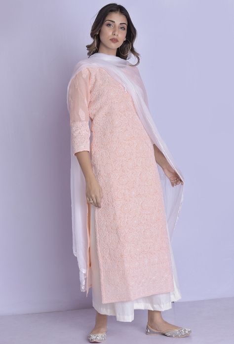 Peach Chikankari Kurta White Palazzo Dupatta  Straight Kurta in Pastel Chikankari paired with flared palazzo and chiffon dupatta  #ethnicwear #peach #chikan #chikankari #straightkurta #salwarkameez #indianwear Chicken Kurta, Chicken Suit, Cotton Dress Pattern Indian, Chikan Kurta, Peach Chicken, Crepe Sarees, डिजाइनर कपड़े, Cotton Dress Pattern, Kurta With Palazzo