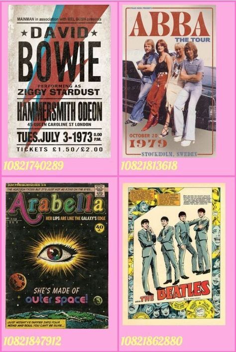 Album Cover Wall Decor Bloxburg, 90s Decals Bloxburg, 50s Bloxburg Decals, Band Poster Codes For Bloxburg, Decal Ideas For Bloxburg, Roblox Album Decal Codes, Bloxburg Picture Codes Spiderman, Id For Bloxburg Pictures, Band Poster Decals Bloxburg