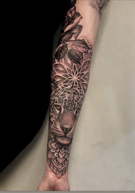 Masculine Forearm Tattoo, Jaguar Arm Tattoo, Safari Sleeve Tattoo, Cover Up Tattoos For Women Shoulder, Aztec Jaguar Tattoo, Animal Mandala Tattoo, Tats Designs, Calf Tattoo Ideas, Mexican Skull Tattoos