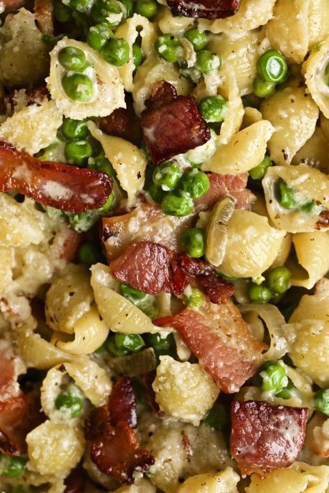 Creamy Pasta Shells with Sweet Peas and Bacon | CucinaByElena Peas And Bacon, Pea Pasta, Shell Pasta Recipes, Shell Pasta, Smoked Salmon Pasta, Mascarpone Recipes, Pasta Varieties, Pasta Salad With Tortellini, Easy Pasta Dinner