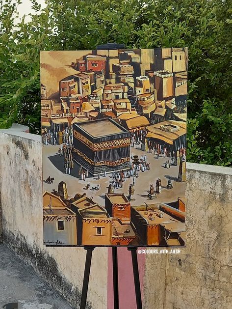 Acrylic paint on canvas- colours with aiesh- painting mosque Mosque Painting Acrylic, Makkah Painting, Makka Sharif, Kabah Painting, Islamic Culture Art, Calligraphy Wallpaper, Food Art Painting, Art Assignments, Islamic Art Canvas