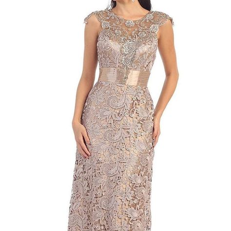 This Glamorous Masterpiece Features An Illusion Jewel Neckline With Cap Sleeves. Rhinestone Embellishments Fashion The Bodice. This Gown Crafted In Lace Fabric Has Pleated Wide Waistband That Highlights The Natural Waist. The Sheath Skirt Cascades To The Floor As It Ends With A Beautiful Train. The Back Has Keyhole Enclosed With A Center Zipper Closure. The Model Is Wearing Champagne And Silver Color. The Available Color Is Champagne Fabric: Lace Origin: Made In The Usa Or Imported Closure: Back Embellishments Fashion, Red Floor Length Dress, Champagne Fabric, Tulle Dress Short, Prom Dress Burgundy, May Queen, Queen Dresses, Formal Ball Gown, Sheath Skirt