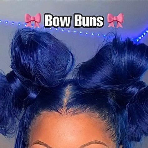 Amber Renae on Instagram: "🎀 Messy Bow Buns 🎀 — @eullair These messy bows came out so cuteeeee 🥹🦋! Besties what ya’ll think?! Do you guys want a detailed tutorial on how I did these? ⬇️ @eullair This blue wig is A MOMENT. #bluehair #bluehairdontcare #wiginstall #wigtutorial #hairstyles #bowbun #lacewigs #hairtutorial #longhairstyles #curtainbangs #eullairhair #beforeandafter #hairinspiration #haircolor #creativehair #creativehairstyles #wigunits #atlhairstylist #atlwigs #atlhair #atlweaves # Curly Wig Bun Hairstyles, Bow Buns Hairstyle, Bow Bun Hairstyle, Bow Buns, Bow Hairstyle Tutorial, Hair Bow Bun, E Girl Hair, Bun Bow, Cute Messy Buns