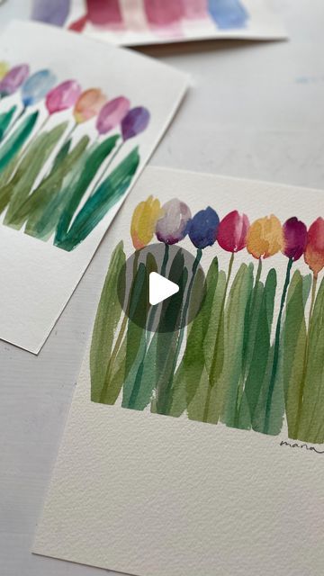 Mana on Instagram: "Another tulip painting 🌷 We had a beautiful spring days and I just had to paint something spring 🌷  🎨 supplies  You can see all my watercolor essentials from my profile  Paper is arches and brushes are winsor and newton round size 8 and 1  #watercolor #watercolorflorals #tulip #watercolorfun #水彩 #簡単水彩" Funky Watercolor Paintings, Watercolor Spring Cards, Painted Cards Ideas, Spring Watercolor Cards, Watercolor Tulips Easy, Abstract Watercolour Painting, Watercolor Essentials, Fun Watercolor Ideas, Watercolor Marker Art