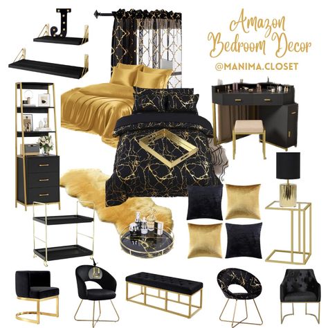 Black and gold amazon bedroom decor ideas inspiration. Inspiration for bedroom ideas. Black and gold bedroom. Black N Gold Bedroom Ideas, Black White Silver Gold Bedroom Ideas, Black And Gold Room Decor Bedroom, Gold Black Bedroom Ideas, Black White Gold Bedroom Decor, Black Theme Room Ideas, Black And Gold Decor Bedroom, Black Bed Set Bedroom Ideas, Master Bedrooms Decor Black And Gold