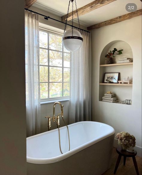 Small Master Bath Vanity, Bath Under Window, Amber Interiors Bathroom, Bathtub Shelf, Tub Design, Spanish Home Decor, Bathroom Window Treatments, Amber Lewis, Shoppe Amber Interiors