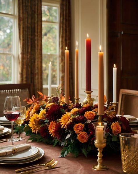 Create an elegant Thanksgiving centerpiece using rich fabrics, candles, and seasonal flowers for a stunning focal point. Elegant Thanksgiving, Fall Centerpieces, Thanksgiving Flowers, Thanksgiving Centerpieces, Candle Sticks, Fall Centerpiece, Seasonal Flowers, Rich Fabric, Wedding Centerpieces